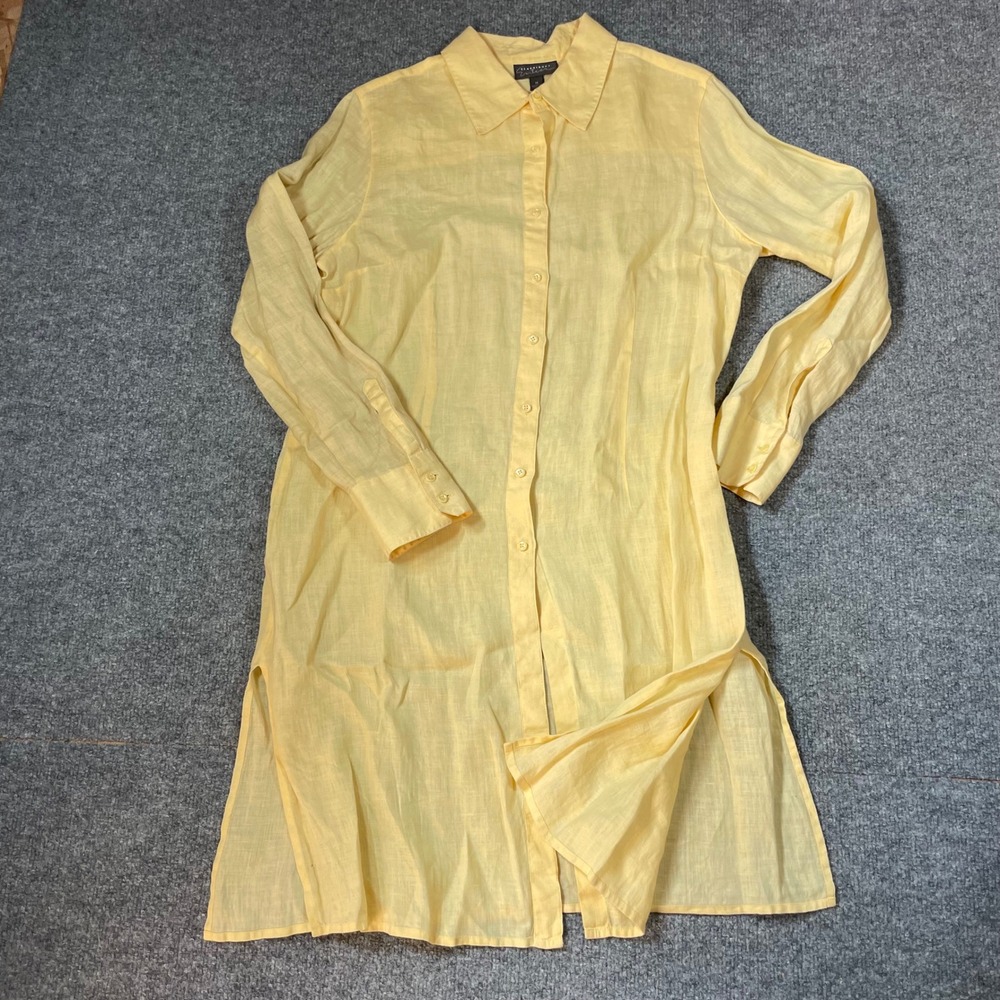 Classiques Entier Button Down Tunic Medium Yellow Linen Long Sleeve Shirt Dress